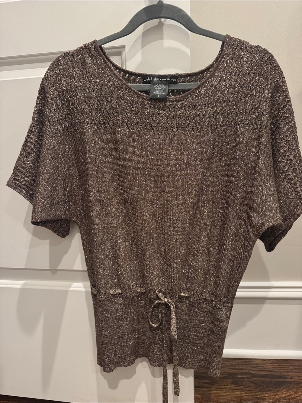 united states sweaters Brown Metallic Drawstring Short Sleeve Knit Top
